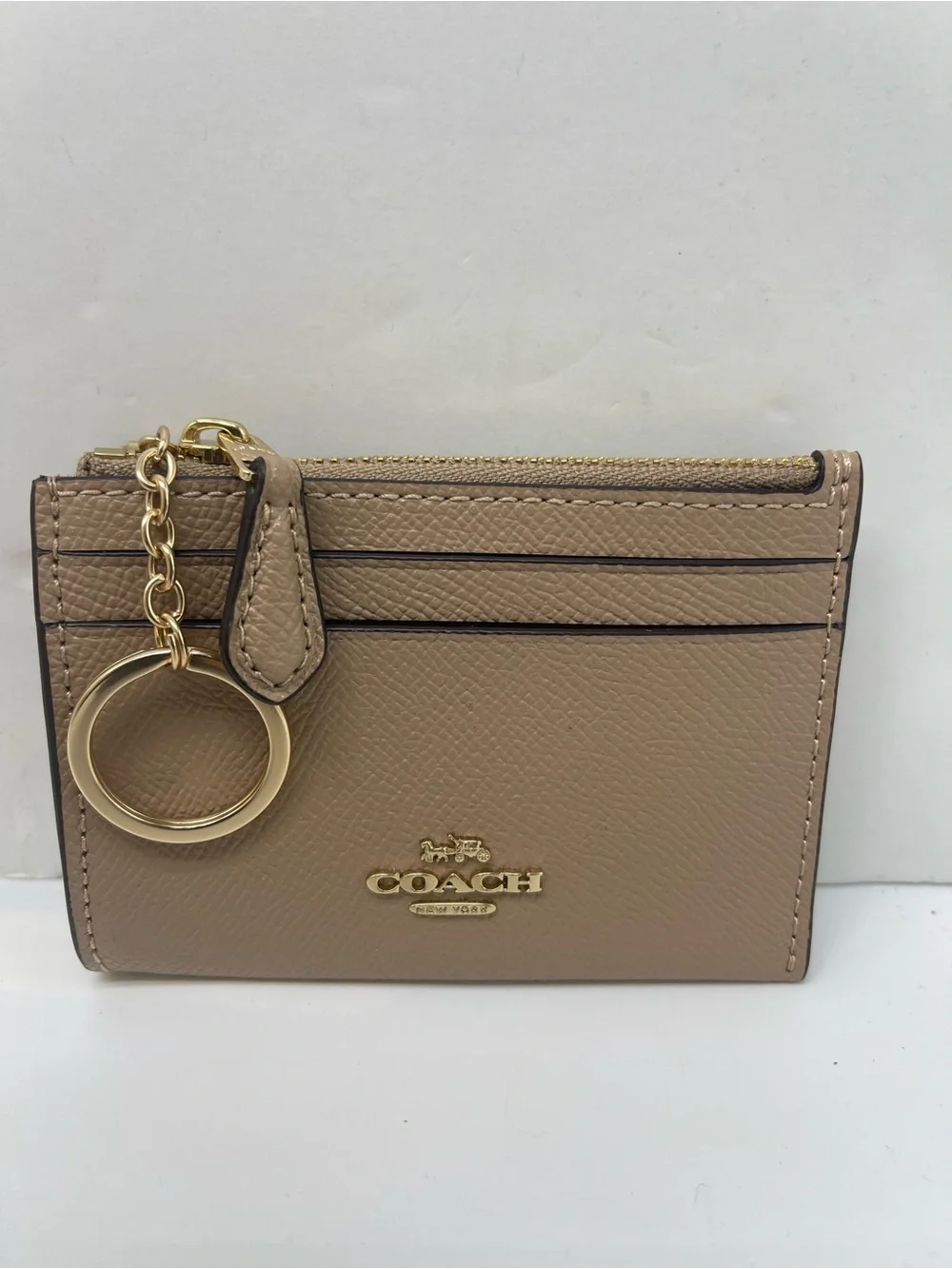 Coach Mini Skinny Crossgrain Leather Id Card Zip Closure Case M/Taupe NWT